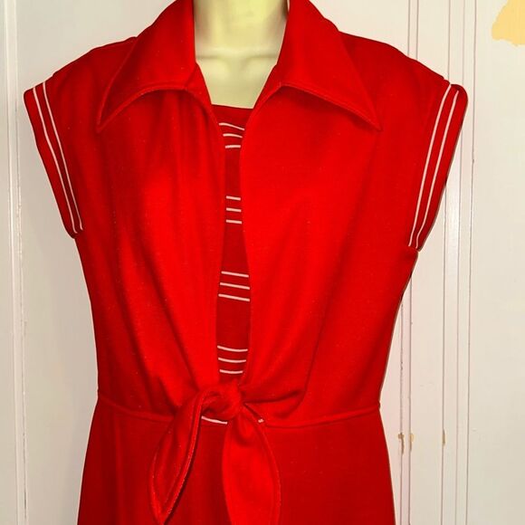 Vintage 70s Melissa Lane Tomato Red Double Knit Polyester Wide Leg Jumpsuit - Picture 3 of 8